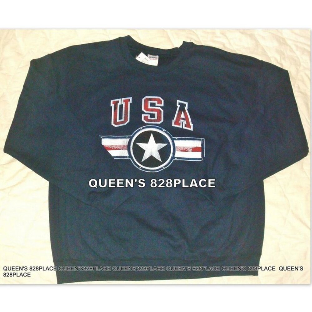 NWT Gildan Mens Sweatshirt XL Patriotic USA Navy Blue & Red American Pride